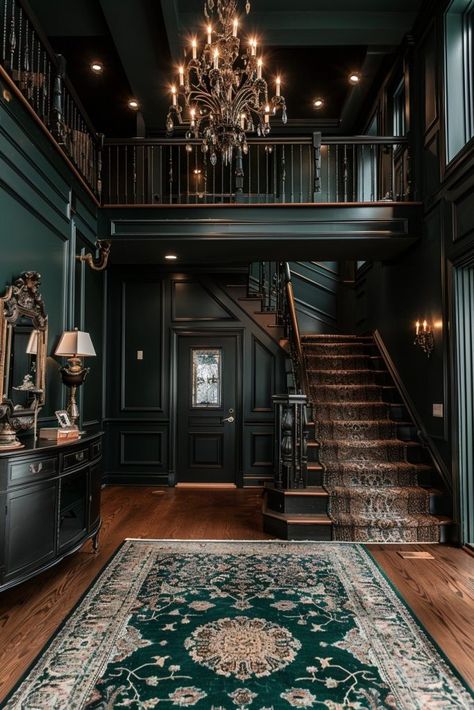 29 Dark Home Decor Ideas to Transform Your Space with Bold Elegance 8 Dark House Entrance, Historic Houses Interior, Manor Home Interior, Modern Manor House Interior, Dark Manor Aesthetic, Moody Entryway Ideas, Moody Foyer, Old House Interior Design, Historical Homes Interior