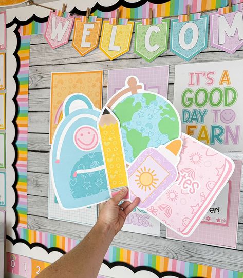 Ashley Stepp | Classroom Decor | Welcome your students back to school with this Dreamy BRIGHTs bulletin board kit! 💕✨🌈 This kit includes: back to school clipart pieces… | Instagram Welcome To School Decoration, Welcome Back To School Bulletin Boards, 4th Grade Classroom Setup, Classroom Bulletin Board Ideas, Brights Classroom Decor, Welcome Bulletin Boards, Back To School Clipart, Bullentin Boards, Welcome To School