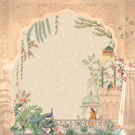 Garden Illustrations, Mughal Garden, Digital Wedding Invitations Design, Queen Frame, Peacock Plant, Indian Wedding Invitation Card Design, Mughal Art Paintings, Digital Invitations Wedding, Chic Lighting