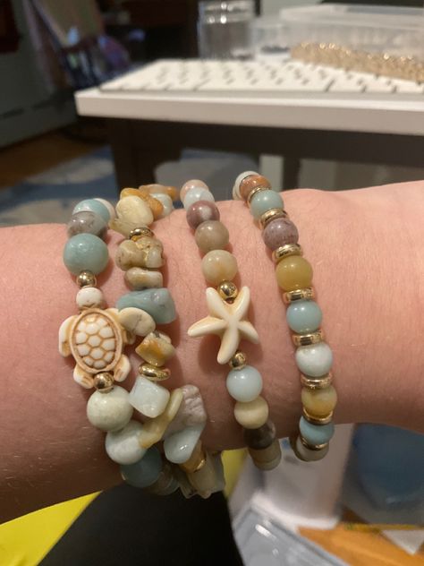 Beach Theme Bracelets, White Chocolate Mocha, Beach Date, Bracelet Stack, Mocha, Beach Themes, White Chocolate, Homemade Gifts, Round Beads