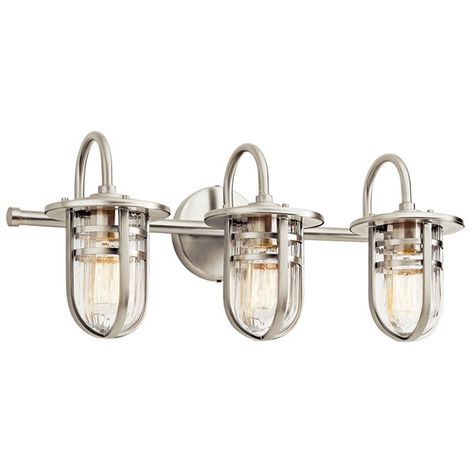 Coastal Bathroom Vanity, Vanity Lights Bathroom, Transitional Vanity, Nautical Bathrooms, Coastal Bathrooms, Kichler Lighting, Ribbed Glass, Bathroom Light Fixtures, Bath Light