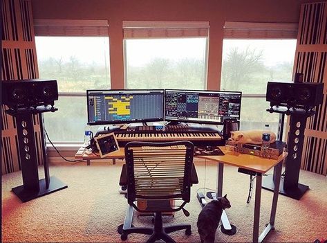 An awesome studio with a great view.   By @davidlevymusic  #musicstudio #musicproducer Modern Music Room, Music Room Rules, Music Studio Desk, Room Rules, Music Room Art, Music Room Design, Music Room Wall, Music Bedroom, Home Recording Studio Setup