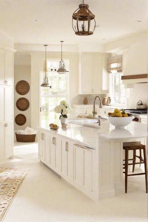 navajo white paint, white rug, kitchen design, wall paint color Off White Kitchen Walls, Navajo White Kitchen, Sw Navajo White, Navajo White Sherwin Williams, Benjamin Moore Navajo White, Light Oak Floors, White Wall Paint, Light Colored Furniture, Off White Kitchens