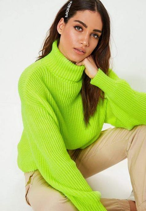 Premium Neon Green Turtle Neck Boyfriend Sweater Neon Yellow Shorts, Neon Pink Dresses, Neon Top, Belted Shift Dress, Halterneck Mini Dress, High Leg Swimsuit, Knitwear Trends, Neon Dresses, Boyfriend Sweater