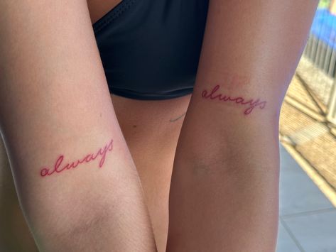 Always Fine Line Tattoo, Love Yours Tattoo Red Ink, Red Xo Tattoo, Red Ink Wrist Tattoo, Red Wrist Tattoo For Women, Fine Line Red Tattoo, Baddie Tats Side Arm, Red Ink Word Tattoo, Red Tattoo Arm