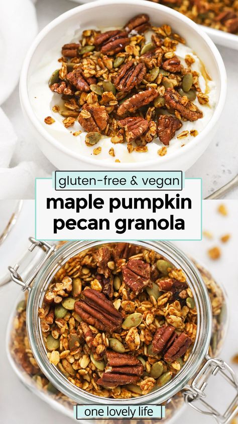 Let's make Maple Pumpkin Pecan Granola! This easy pumpkin granola recipe is the perfect fall breakfast. (Gluten-Free & Vegan!) / gluten-fee pumpkin granola recipe / vegan pumpkin granola recipe / fall breakfast recipe / pumpkin spice granola recipe / homemade granola recipe / pumpkin breakfast recipe / gluten free pumpkin spice granola / gluten free pumpkin recipe / gluten free vegan pumpkin recipe Pumpkin Pie Granola, Pumpkin Granola Recipe, Vegan Granola Recipe, Gluten Free Pumpkin Recipes, Pecan Granola, Pumpkin Spice Granola, Pumpkin Granola, Breakfast Homemade, Clean Eating Vegetarian