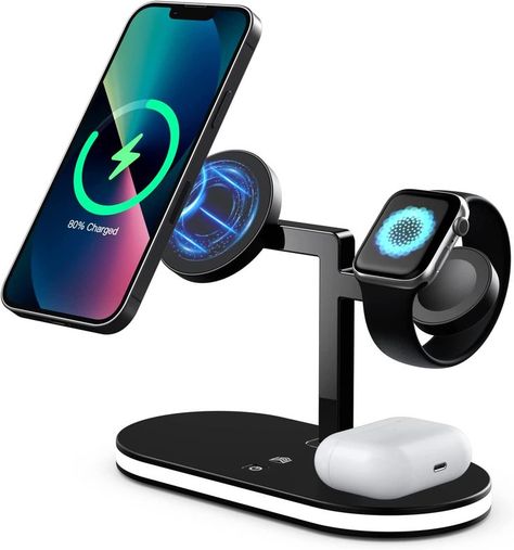 3 in 1 Wireless Charging Stand】- The 3-in-1 magnetic wireless charger is made of premium aluminum alloy through CNC manufacturing technology, durable/sturdy/stylish. It can quickly charge your iPhone, iWatch and Airpods — all at the same time. It has a usb port to charge your fourth device. Magsafe Charger, Apple Watch Charger, Wireless Charging Station, Charger Station, Computer Camera, Electronic Musical Instruments, Charger Stand, Watch Charger, Iphone Charger