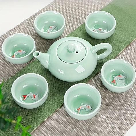 Tea Set Travel Chinese Kung Fu Ceramic Teapot Portable - Temu Asian Tea Sets, Coffee Pods Drawer, Green Porcelain, Japanese Tea Set, Carpe Koi, Handmade Teapot, Ceramic Tea Set, Celadon Green, Tea Tray