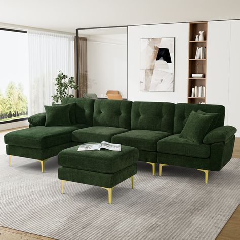 114" Convertible L-Shaped Sectional Sofa with Chaise Lounge, Ottoman and Pillows - Bed Bath & Beyond - 41022514 Living Room Emerald Green, Lounge Ottoman, Oversized Sectional Sofa, Velvet Sofa Living Room, Cozy Cushions, Comfy Sectional, U Shaped Couch, Pillows Bed, Modern Sleeper Sofa