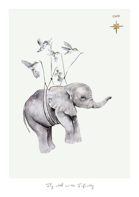 Fly with me to Infinity Narwal Tattoo, Painting Outlines, Whimsical Elephant, Elephant Print Art, Soulful Art, Elephant Tattoo Design, Animal Art Projects, Elephant Pictures, Flying Elephant