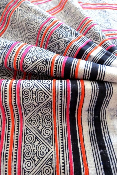 Textile Spotlight: Hmong Fabrics | Centsational Style Batik Textiles, Vintage Fabric Prints, Hmong Fabric, Deco Orange, Tenun Ikat, Hmong Textiles, Fabric Table Runner, Ideas Hogar, Textile Texture