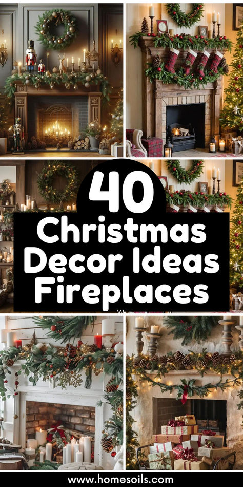 Elevate your holiday ambiance with 40 breathtaking Christmas fireplace décor ideas. Discover a range of styles, from classic elegance to modern charm, perfect for creating a warm and festive atmosphere. Transform your fireplace into the heart of your holiday celebrations with these inspiring designs. Christmas Decor With Fireplace, Decorating Mantel Ideas For Christmas, Mantle Decor Holiday, Christmas Fireplaces Decorated, Sophisticated Christmas Decor Ideas, Christmas Fireplaces Ideas, Christmas Fireplace Decor Ideas Diy, Mantel And Hearth Decorating Ideas, Fireplaces With Mirrors Above