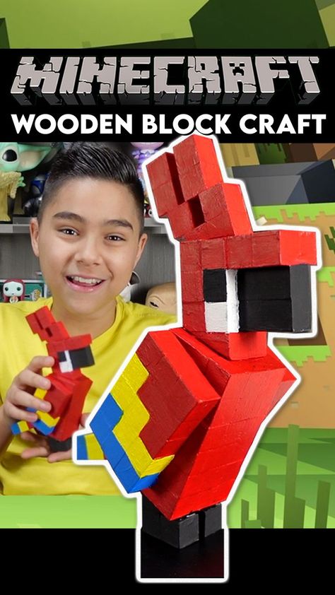 Minecraft Parrot Wooden Block, Minecraft Wood Block Diy, Block Craft 3d, Minecraft Parrot, Minecraft Wooden Block Crafts, Minecraft Block Art, Wooden Blocks Diy, Diy Minecraft Decorations, Minecraft Diy Crafts