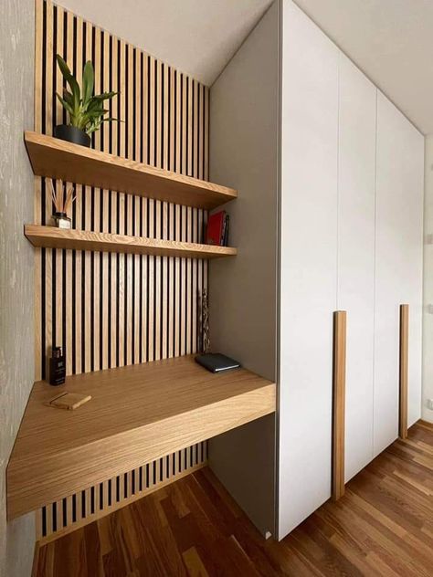 Bedroom Closet And Desk, Small Bedroom Ideas With Wardrobe And Desk, Wooden Theme Living Room, Fitted Wardrobe And Desk, Wardrobe Office Room, Desk Between Wardrobes, Wardrobe And Desk Combo, Wardrobe Office Ideas, Guest Bedroom Wardrobe Design