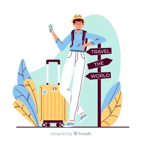 Boy going on a trip Free Vector Traveller Illustration, Traveling Illustration, Travelling Illustration, Trip Illustration, Iphone Wallpaper Travel, Flat Colour Design, Trip Design, Human Vector, Flat Design Illustration