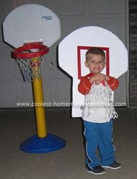 Basketball Goal Costume: I asked my 3-year old what he wanted to be for Halloween and he promptly said a basketball goal! I thought, well that is a silly idea but as my co worker Basketball Costume, Toddler Basketball Hoop, Basketball Dress, Coaches Wife, Jersey Display, Themed Halloween Costumes, Handsome Jack, Homemade Costume, Basketball Goals