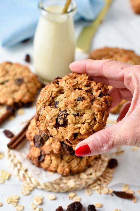 These Oatmeal Raisin Protein Cookies are the easiest high-protein breakfast or post-workout cookies to fuel you up with 14 grams of plant-based proteins per cookie. Raisin Oatmeal Cookies, Oatmeal Protein Cookies, Protein Breakfast Cookies, Raisin Oatmeal, Protein Powder Cookies, Vegan Oatmeal Cookies, High Protein Cookies, Oatmeal Raisin Cookies Chewy, Protein Oatmeal