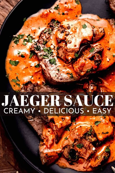 Jaeger Sauce is a German mushroom gravy that's easy to make in 20-minutes with everyday ingredients. Serve it with schnitzel, steak & more! // schnitzel sauce // german recipes Savoury Sauce Recipes, Schnitzel Sauce Recipe, German Bbq Ideas, Schnitzel Gravy Recipe, Jager Sauce Recipe, Beef Sauce Recipes, Pork Tenderloin Sauce Recipes, Sesame Steak Sauce, Schnitzel Gravy