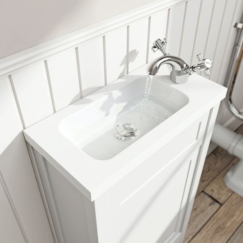 Narrow Vanities For Small Bathrooms, Small Cloakroom, Cloakroom Vanity Unit, Narrow Bathroom, Timeless Bathroom, Downstairs Loo, Cloakroom Basin, Compact Bathroom, Small Bathroom Vanities