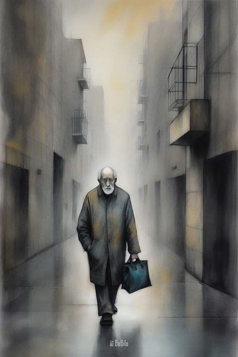 A lonely old man walks down the street Lonely Man, Walking Down The Street, Children Book, In The Bag, Children's Book Illustration, Old Man, Old Men, Book Illustration, Surrealism