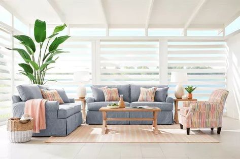 Beachside Walk Sleeper Sofa Serena And Lily Living Room, Coastal Casual Living Room, Small Coastal Living Room, Blue Living Room Sets, Coastal Cottage Living Room, Blue Couch Living Room, Affordable Furniture Stores, Nautical Living Room, Colourful Living Room Decor