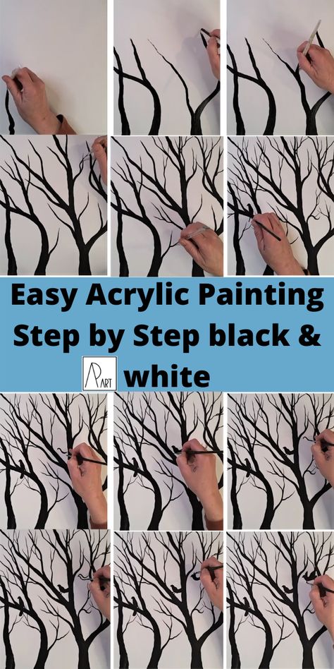 Painting Tree Silhouette, Step By Step Tree Painting, How To Paint Black Trees, How To Paint Tree Silhouette, Trees Painted On Walls, Black And White Tree Painting, Paint Trees Easy, Black Trees Painting, Black And White Painting Acrylic Easy