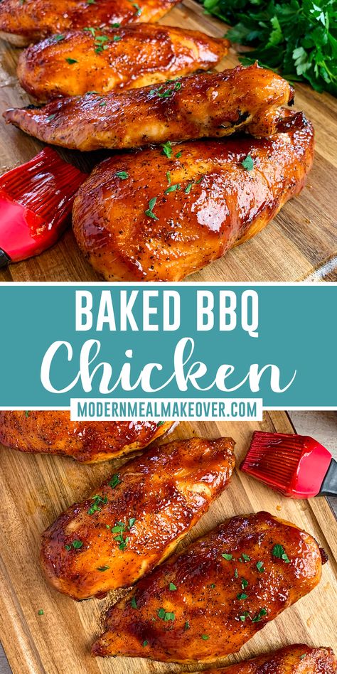 Close up of baked BBQ chicken on a wood cutting board. Oven Baked Bbq Chicken Breast, Baked Bbq Chicken Breast, Barbecue Chicken Breast Recipes, Baked Barbeque Chicken, Bbq Baked Chicken Breast, Bbq Chicken Breast Recipe, Oven Baked Bbq Chicken, Chicken Breast Oven, Bbq Chicken Breast