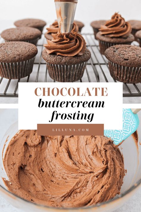 This chocolate buttercream frosting recipe is the fluffiest, creamiest homemade frosting! You’ll never want store-bought frosting again! #chocolatebuttercream #frosting #buttercream #cake #dessert Easy Chocolate Buttercream Frosting, Easy Chocolate Buttercream, Best Chocolate Frosting Recipe, Chocolate Buttercream Frosting Easy, Homemade Chocolate Buttercream Frosting, Chocolate Frosting Recipe, Chocolate Buttercream Frosting Recipe, Frosting Buttercream, Homemade Chocolate Frosting