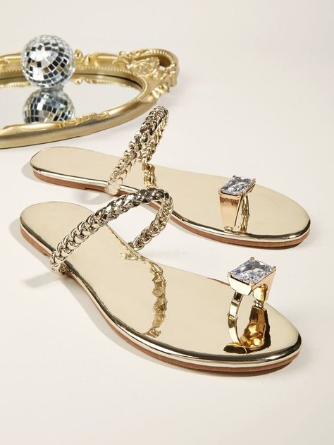 Sandals Shein, Women Flat Sandals, Pretty Sandals, Casual Pumps, Sandals Flat, Stunning Shoes, Rhinestone Sandals, Rhinestone Decor, Gold Sandals