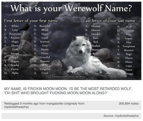 Every time there is one of these what would your ________ name be, mine is stupid, but behold my werewolf name- beautiful rage! Boom! Werewolf Name, Name Games, Moon Moon, Kitten Gif, What Is Your Name, Funny Tumblr Posts, A Wolf, Dog Names, Tumblr Funny