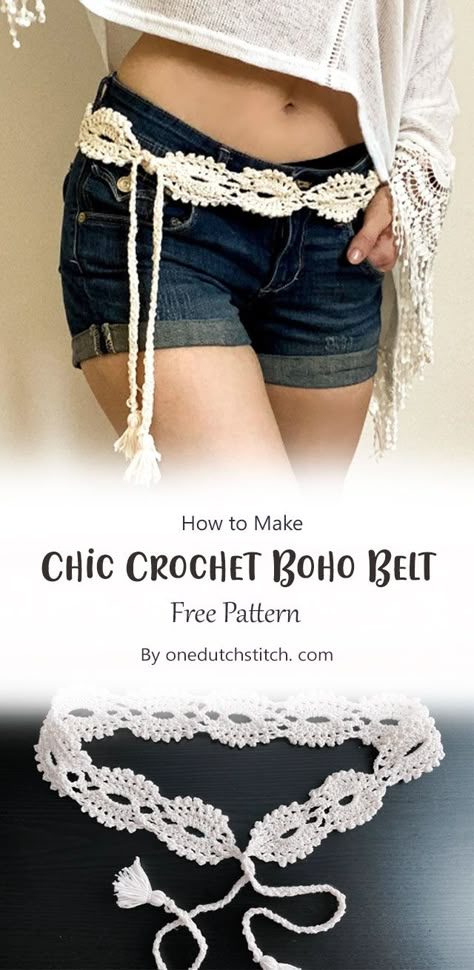 This is a free crochet pattern for an Chic Crochet Boho Belt. It looks great in black or white, but you can also use any other color that you like. Crochet Lace Yarn Projects, One Skein Yarn Crochet Projects, Free Clothes Crochet Patterns, Crochet Boho Clothes, Crochet Belts For Women Free Pattern, Quick Crochet Clothing Projects, Crochet Boho Belt Free Pattern, Crocheted Belt Free Pattern, Crochet Fashion Accessories