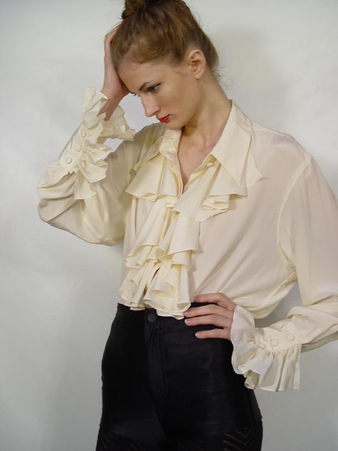 Diane Von Furstenberg Cream Silk Ruffle Poet Blouse 6 | Flickr Julian Arcana Aesthetic, Blouse Drawing Reference, Poet Costume, Julian Devorak Aesthetic, Pirate Outfit Aesthetic, Blouse Reference, Vampire Blouse, Poet Dress, Sweater Inspiration