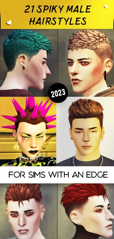 spiky hair Punk Spikes Hair, Male Punk Outfits, Sims 4 Cc Finds Male, Punk Spikes, Spikey Hair, Male Sims, Spiky Hairstyles, Sims 4 Hair Male, Sims 4 Male Clothes