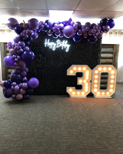 Birthday backdrop balloon garland purple birthday backrop Black And Purple 30th Birthday, Dark Purple Balloon Garland, Purple And Black 21st Birthday, 30th Birthday Purple Theme, Purple 30th Birthday Ideas, Black And Purple Theme Birthday Party, Black Purple Birthday Decor, Baloon Decorations For Birthday Purple, Dark Purple Birthday Decorations