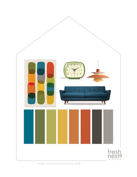 Mid-century Modern Sherwin Williams Prepackaged Paint Palette Bold MCM Color Palette, Interior Design Color Scheme, Paint Colors, - Etsy Canada Mcm Color Palette, Color Identity, Mid Century Modern Color Palette, Accent Paint Colors, Color Palette Interior, Modern Paint Colors, Color Palette Interior Design, Interior Design Color Schemes, Palette Wall