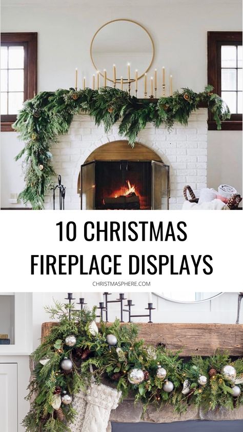 Christmas Fireplace With No Mantle, Harth Fireplace Christmas Decor, Tall Fireplace Christmas Decor, Scandinavian Christmas Mantle Ideas, Christmas Mantle Ideas 2023, Christmas Mantle Decor Ideas 2023, Modern Farmhouse Christmas Mantle Decor, Wreath On Mantle Christmas, Fire Mantle Christmas Decor