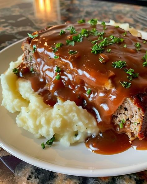 Cookerecipe - Meatloaf with Gravy and Mashed Potatoes... Mash Potatoes And Gravy, Meatloaf With Brown Gravy, Stuffing Meatloaf, Meatloaf With Gravy, Potatoes And Gravy, Carmelized Onions, Mash Potatoes, Onion Gravy, Brown Gravy