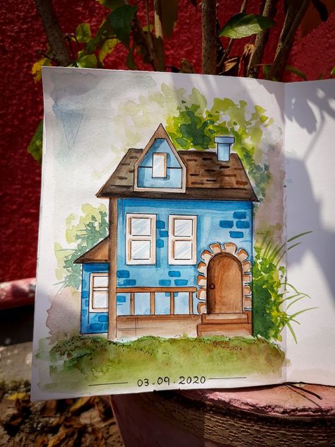 Many Houses Drawing, Paintings Ideas Watercolor, Water Colouring Ideas, Cute Drawings Colorful, Water Colours Drawing Ideas, Watercolor House Painting Simple, Watercolour Art Aesthetic, Water Colour Painting Ideas, Home Sweet Home Painting