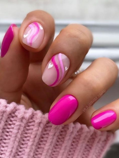 Gel Manicure Ideas For Short Nails Summer Art Designs, Short Round Valentines Day Nails, Hot Pink Nail Ideas Short, Short Nails Art Pink, Beautiful Classy Nails, Hot Pink Nails With Design Short, Pink Gel Nail Designs For Summer, Short Round Hot Pink Nails, Hot Pink Valentine Nails Short