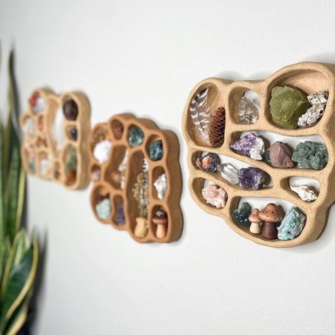 First Pottery Projects, Clay Shelves Diy, Diy Ceramic Wall Art, Ceramic Curiosity Shelf, Ceramic Curio Shelf, Ceramic Crystal Holder, Clay Shelf Diy, Clay Trinket Shelf, Ceramic Wall Shelf