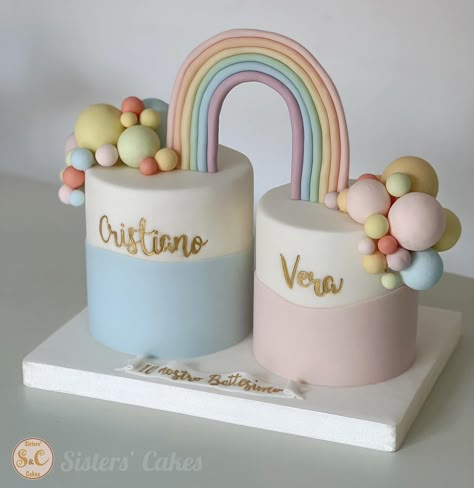 Twin Christening Cake, Twin 1st Birthday Cake, 2 Cakes Joined, Twin First Birthday Cake, Twins Cake Design, Double Cake Design, Twins Birthday Cake Ideas, Unisex Birthday Cake, Unisex Birthday Party Themes