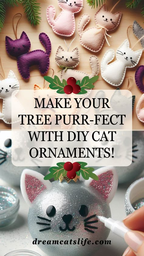 Celebrate the season with these easy DIY kitty Christmas ornaments! Create adorable decorations that both you and your cat will love. 🎁😸🎄 Homemade Cat Ornament, Felt Cat Christmas Ornaments Patterns, Cat Ornaments Diy Homemade Christmas, Owl Ornament Diy, Diy Christmas Ornaments For Friends, Diy Animal Ornaments, Cat Christmas Ornaments Diy, Diy Cat Ornaments Christmas, Diy Cat Christmas Ornaments