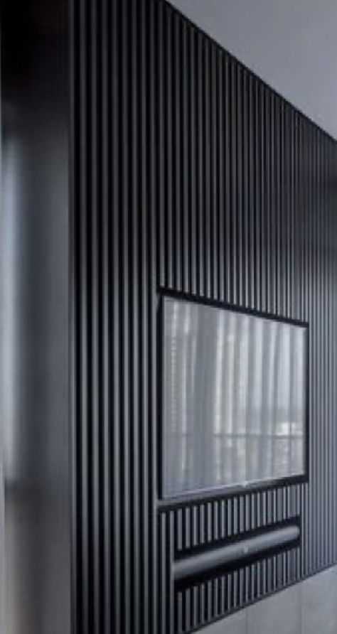 Black And White Wall Panelling, Black Panel Tv Wall, Black Slat Tv Wall, Dark Wall Behind Tv, Black Tv Wall, Wall Behind Tv, Tv Wall Panel, Mid Century Remodel, Living Room Wall Color