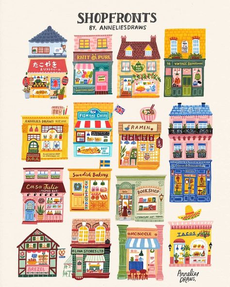 Building Illustration, Posca Art, Shop Illustration, House Illustration, Shop Fronts, Arte Sketchbook, Bird Drawings, Cute Birds, Cute Illustration