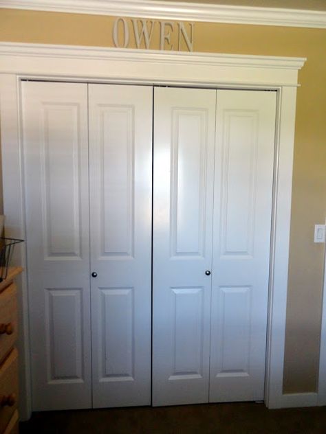 trim around the bifold closet doors. Closet Doors Painted, Organized Closet, Bifold Closet Doors, Interior Wood Doors, Wood Molding, Closet Makeover, Bifold Doors, Closet Bedroom, Closet Doors