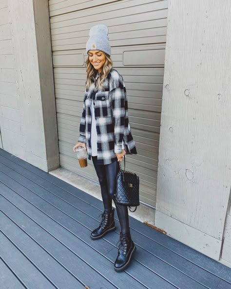 Shacket Outfit Women, Shirt Jacket Outfit, Shacket Outfit, Plaid Shirt Outfits, Oversized Plaid Shirts, Carhartt Beanie, Plaid Shacket, Casual Winter Outfits, Fall Fashion Outfits