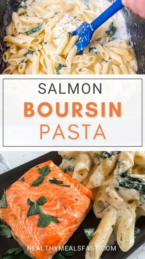 Text reads "Salmon Boursin Pasta" next to pictures of Boursin cheese pasta with salmon baked in the Ninja Speedi Salmon Boursin Recipe, Boursin Recipe, Tuna Pasta Bake Recipe, Boursin Cheese Pasta, Boursin Pasta Recipe, Pasta With Salmon, Boursin Pasta, Boursin Recipes, Pasta Salad Salmon