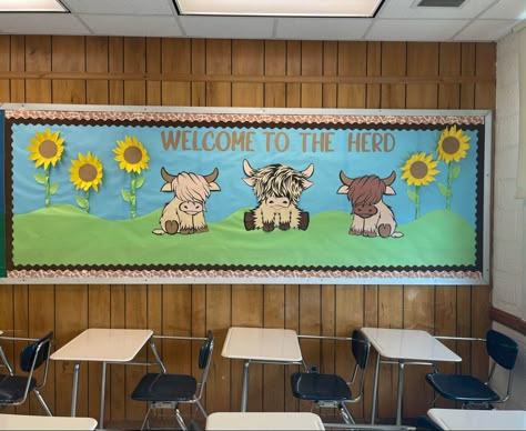 Welcome To The Herd, Head Start Classroom Themes, Farming Bulletin Board Ideas, Cow Theme Classroom Bulletin Boards, Country Classroom Decor, Ag Ed Classroom Decor, Western Reading Nook, Cow Bulletin Board, Highland Cow Themed Classroom