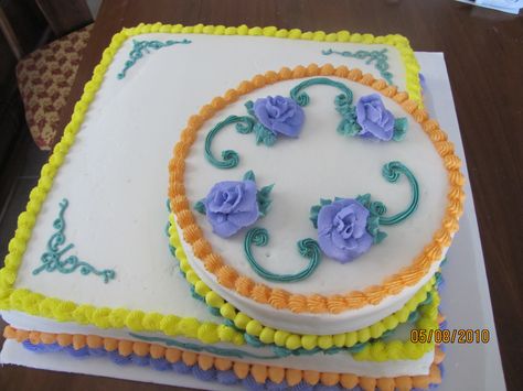 The big cake. - This cake was for a 50th birthday party. It fed 150 people. 9" Round tier was dark chocolate WASC with peppermint buttercream filling. The 16" square bottom tier was yellow WASC with apricot jam filling. Both iced in buttercream. 9 Inch Round Cake, Peppermint Buttercream, Big Cake, Buttercream Filling, Big Cakes, Round Cake, Apricot Jam, 50th Birthday Party, Round Cakes