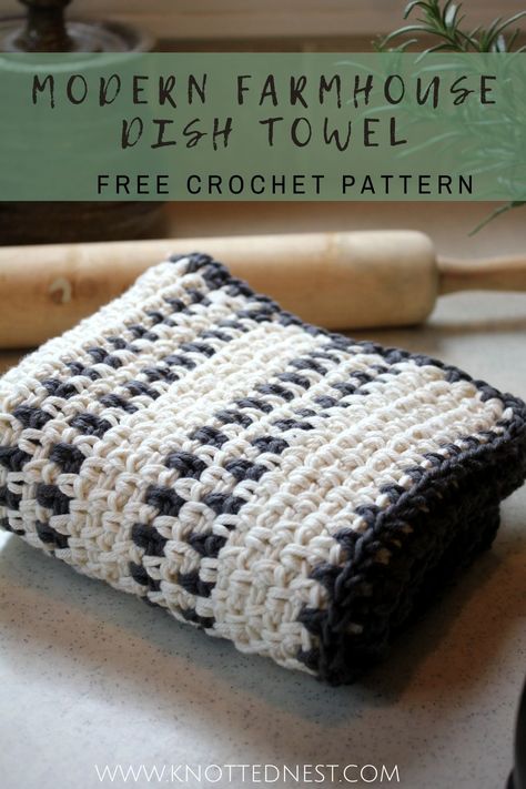 Crochet Dish Towel Free Pattern - Easy Modern Farmhouse Kitchen Towel Crocheted Dish Drying Mat Patterns, Tea Crochet Pattern, Kitchen Towels Pattern, Crochet Trivet Pattern, Crochet Dish Towel Pattern, Dish Towel Crochet, Dishcloths Crochet, Crochet Towels, Crochet Kitchen Towel